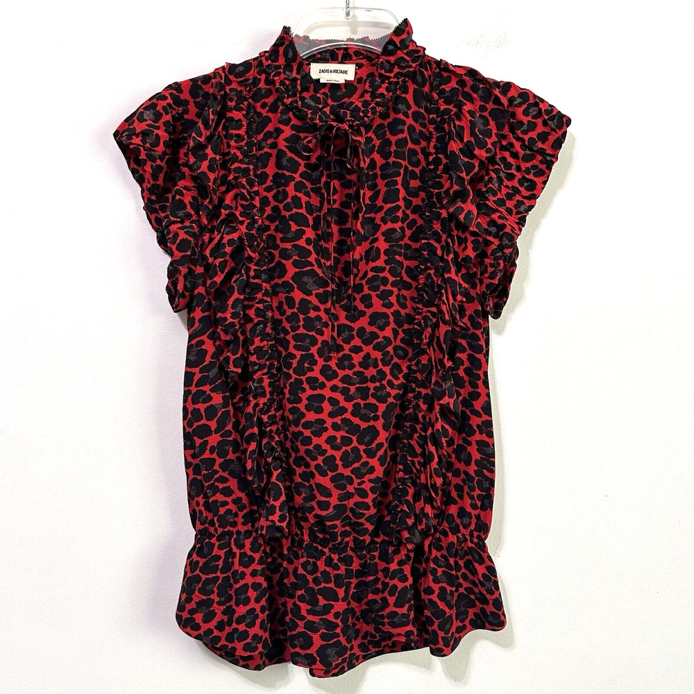 ZADIG & VOLTAIRE $258 Tibo Print Leo Ruffle Leopard Cheetah Top XS Tie Neck Red